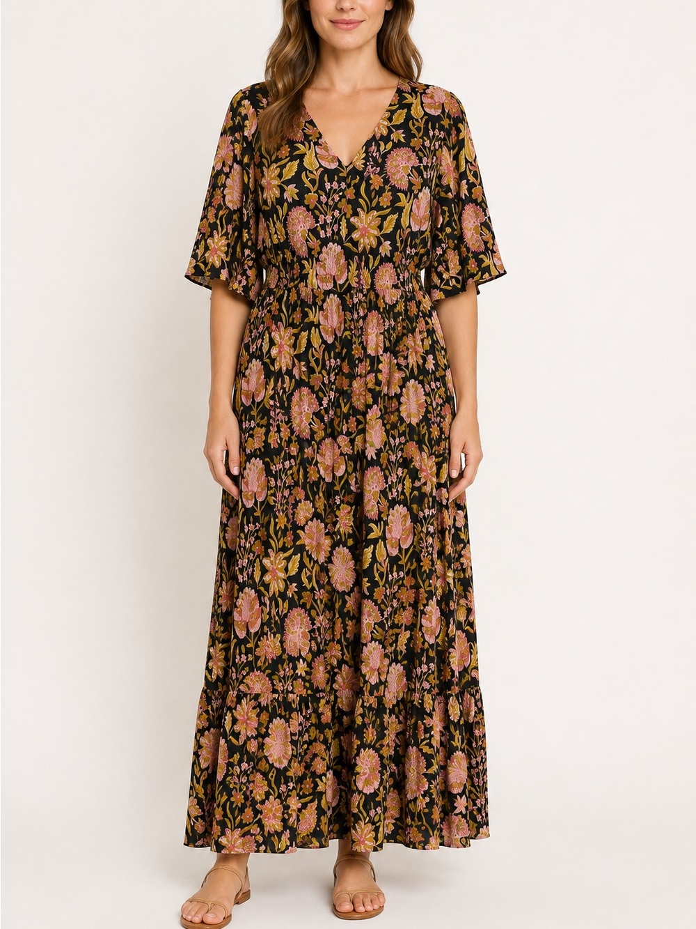 Soft Surroundings Size 18 Floral Tiered Maxi Dress Black Pink Boho
